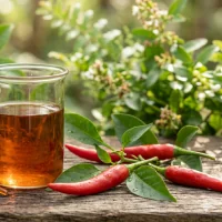 Red chilli peppers beside a beaker of botanical oil, illustrating thermogenic plant foods studied in metabolism research