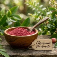 Chromium picolinate powder in a wooden bowl beside a hand-written label
