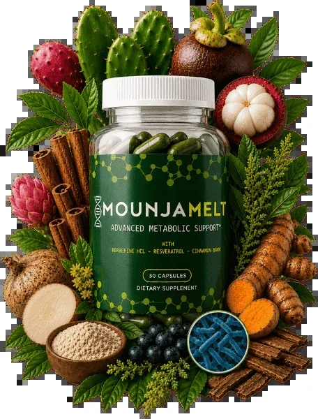 MounjaMelt metabolic support capsule bottle surrounded by cinnamon bark, turmeric root, prickly pear, mangosteen and green botanicals