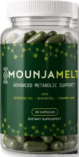 MounjaMelt bottle of 30 metabolic support capsules with berberine HCl, resveratrol and cinnamon bark on the label